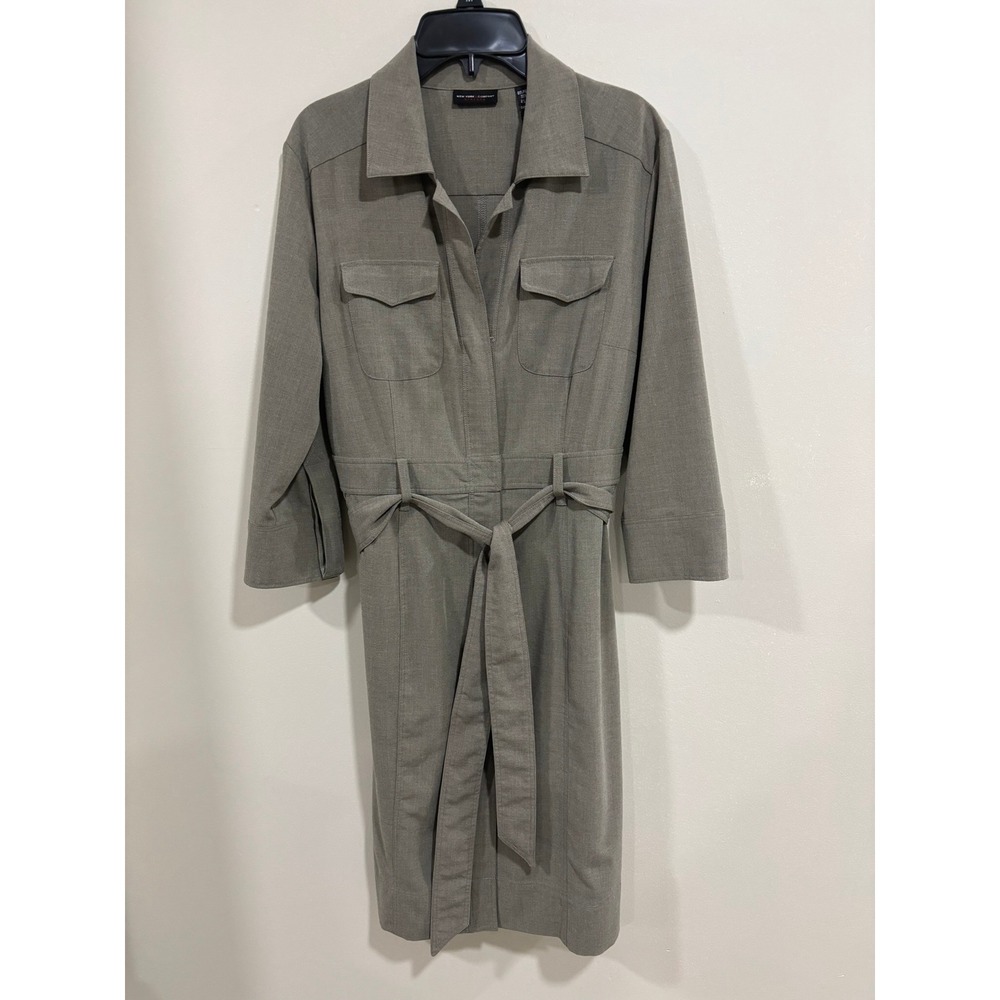 New York & Company Size 6 Taupe Shirt Dress Utility Tie Waist Midi Workwear Chic